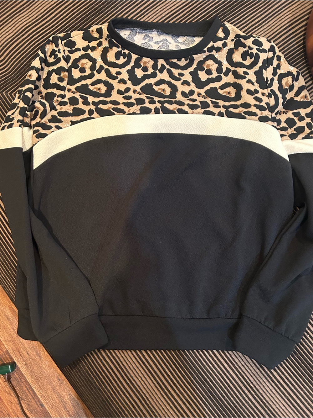 SHEIN Black and Cream Leopard-Accent Crewneck
